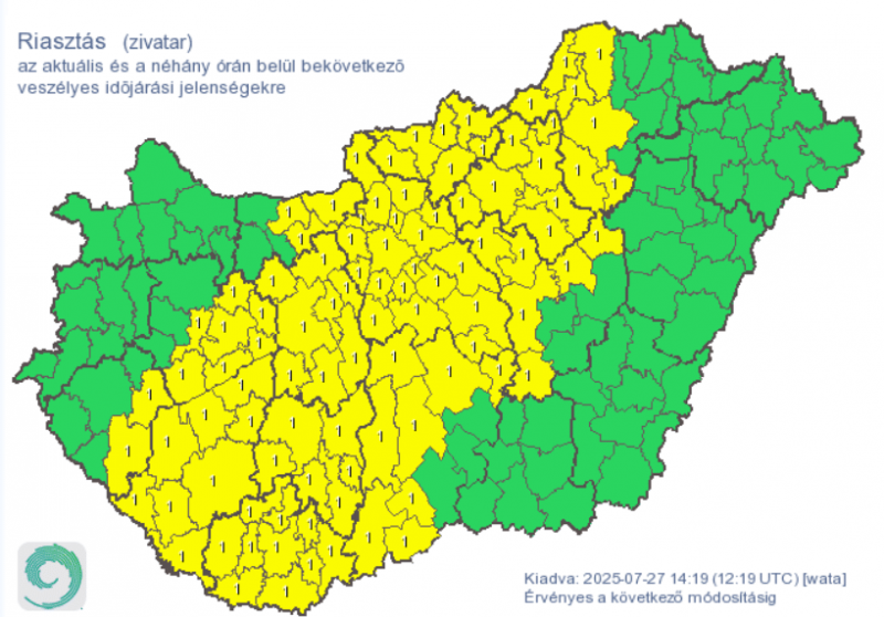 Erőteljes széllökések és intenzív zivatarok közelednek, ezért riasztást adtak ki.